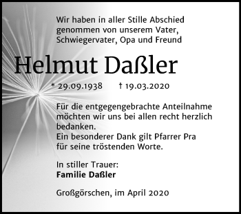 Traueranzeige von Helmut Daßler von Super Sonntag Weißenfels