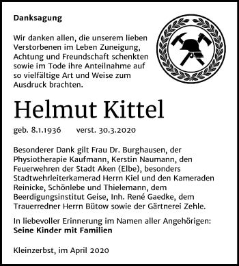 Traueranzeige von Helmut Kittel von Super Sonntag Köthen