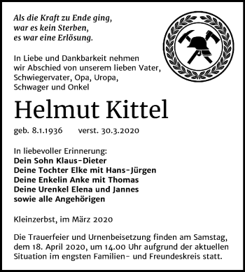 Traueranzeige von Helmut Kittel von Mitteldeutsche Zeitung Köthen