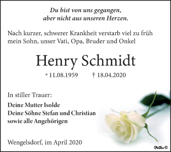 Traueranzeige von Henry Schmidt von Super Sonntag Weißenfels