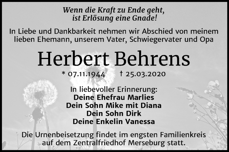  Traueranzeige für Herbert Behrens vom 04.04.2020 aus Mitteldeutsche Zeitung Merseburg/Querfurt