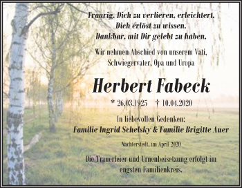 Traueranzeige von Herbert Fabeck von Super Sonntag Aschersleben