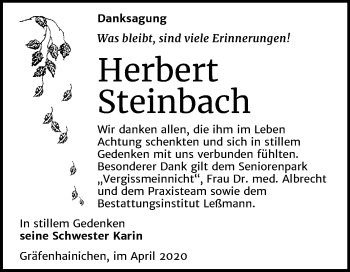 Traueranzeige von Herbert Steinbach von Mitteldeutsche Zeitung Wittenberg
