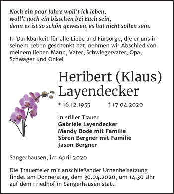 Traueranzeige von Heribert Layendecker von Super Sonntag Sangerhausen