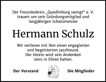 Traueranzeige von Hermann Schulz von Super Sonntag Quedlinburg