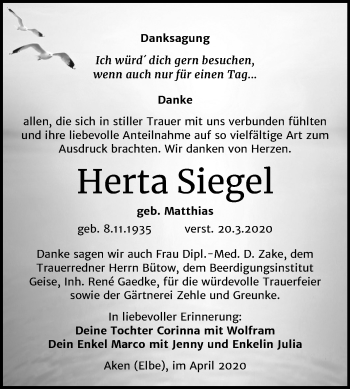 Traueranzeige von Herta Siegel von Mitteldeutsche Zeitung Köthen