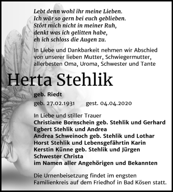 Traueranzeige von Herta Stehlik von Super Sonntag Naumburg/Nebra
