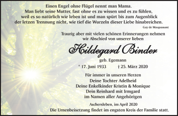 Traueranzeige von Hildegard Binder von Super Sonntag Aschersleben