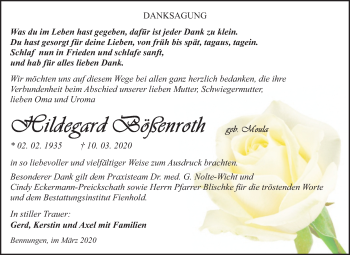 Traueranzeige von Hildegard Bößenroth von Super Sonntag Sangerhausen