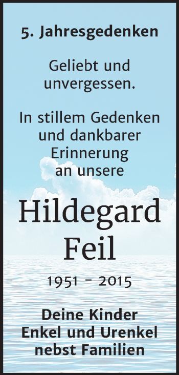 Traueranzeige von Hildegard Feil von Mitteldeutsche Zeitung Köthen