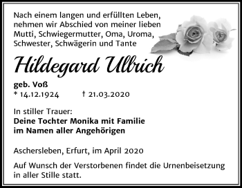 Traueranzeige von Hildegard Ullrich von Super Sonntag Aschersleben