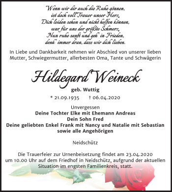 Traueranzeige von Hildegard Weineck von Mitteldeutsche Zeitung Naumburg/Nebra