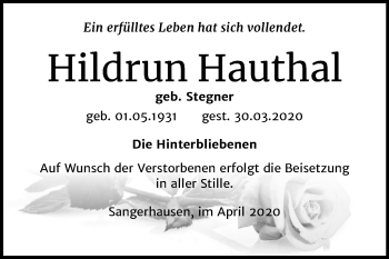 Traueranzeige von Hildrun Hauthal von Super Sonntag Sangerhausen