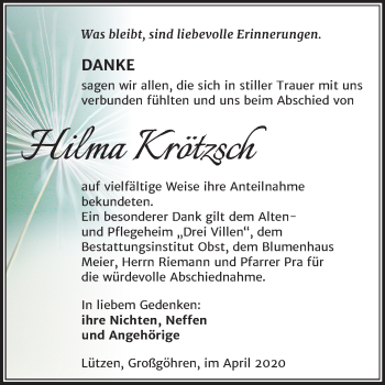 Traueranzeige von Hilma Krötzsch von Mitteldeutsche Zeitung Weißenfels
