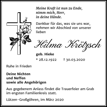 Traueranzeige von Hilma Krötzsch von Mitteldeutsche Zeitung Weißenfels