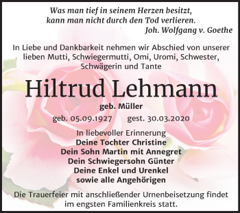 Traueranzeige von Hiltrud Lehmann von Mitteldeutsche Zeitung Wittenberg