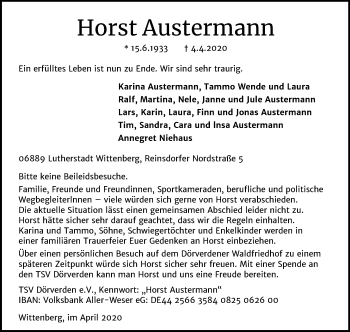 Traueranzeige von Horst Austermann von Super Sonntag Wittenberg