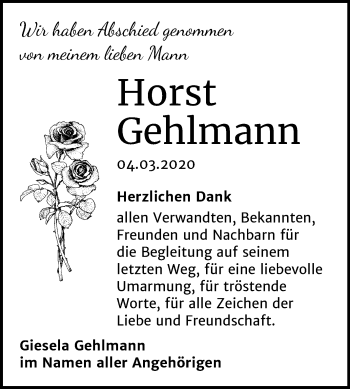 Traueranzeige von Horst Gehlmann von Super Sonntag Sangerhausen