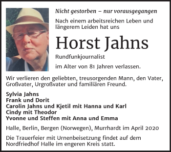 Traueranzeige von Horst Jahns von Mitteldeutsche Zeitung Halle/Saalkreis