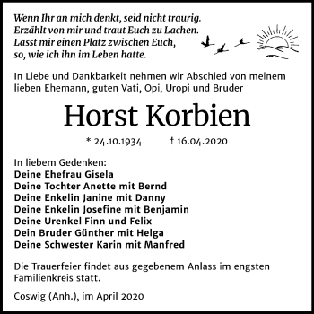 Traueranzeige von Horst Korbien von Mitteldeutsche Zeitung Wittenberg