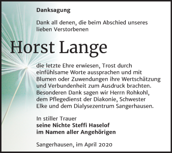 Traueranzeige von Horst Lange von Mitteldeutsche Zeitung Sangerhausen