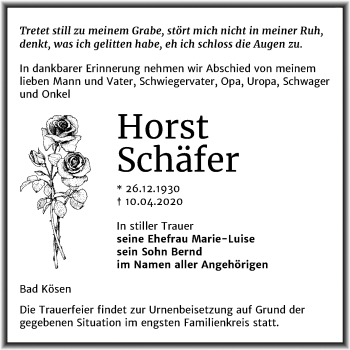 Traueranzeige von Horst Schäfer von Super Sonntag Naumburg/Nebra