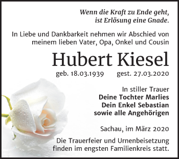 Traueranzeige von Hubert Kiesel von Mitteldeutsche Zeitung Wittenberg
