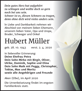 Traueranzeige von Hubert Müller von Super Sonntag Köthen