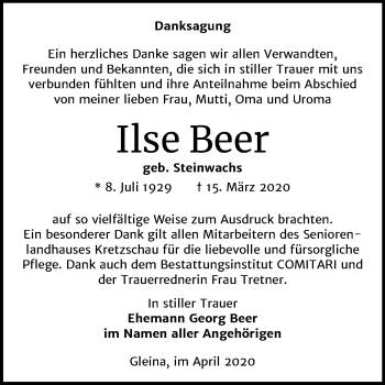 Traueranzeige von Ilse Beer von Super Sonntag Zeitz