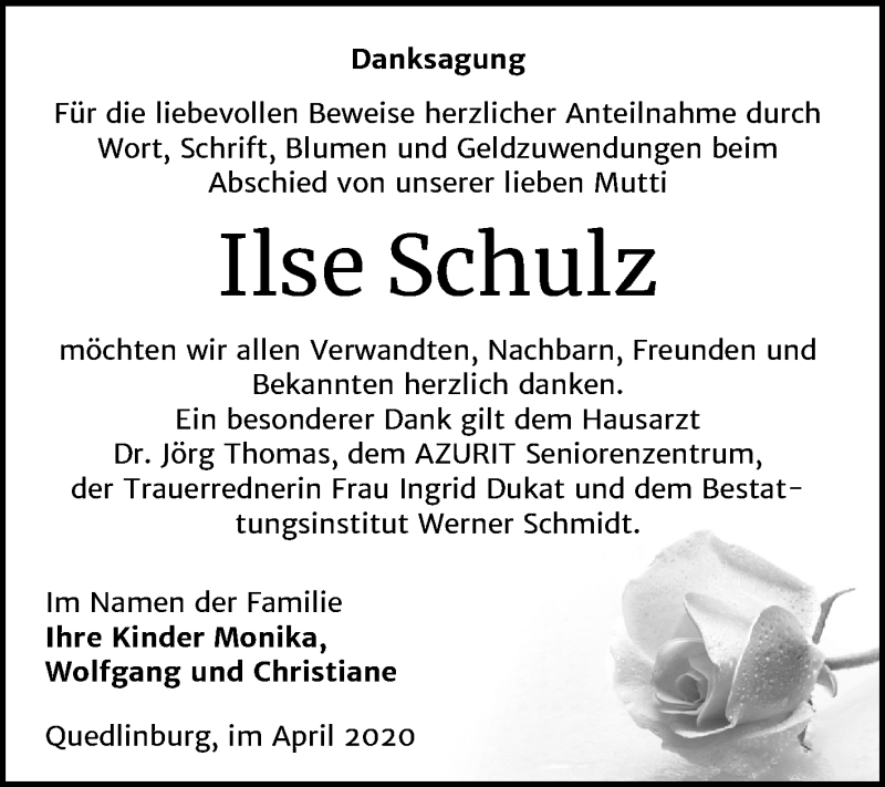  Traueranzeige für Ilse Schulz vom 25.04.2020 aus Super Sonntag Quedlinburg
