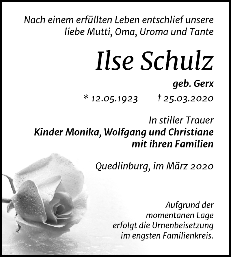 Traueranzeige für Ilse Schulz vom 02.04.2020 aus Mitteldeutsche Zeitung Quedlinburg