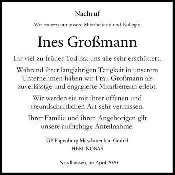 Traueranzeige von Ines Großmann von Mitteldeutsche Zeitung Halle/Saalkreis