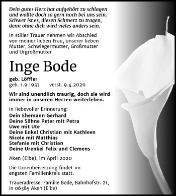 Traueranzeige von Inge Bode von Super Sonntag Köthen