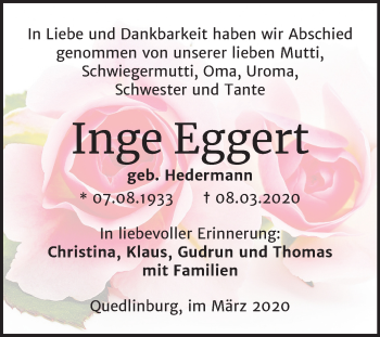 Traueranzeige von Inge Eggert von Mitteldeutsche Zeitung Quedlinburg