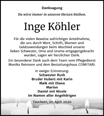 Traueranzeige von Inge Köhler von Mitteldeutsche Zeitung Weißenfels
