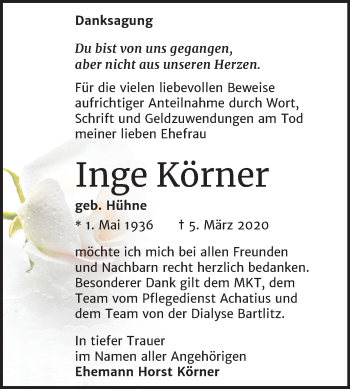 Traueranzeige von Inge Körner von Mitteldeutsche Zeitung Halle/Saalkreis