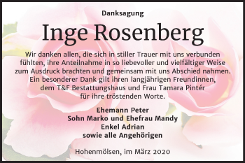 Traueranzeige von Inge Rosenberg von Super Sonntag Weißenfels