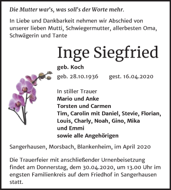 Traueranzeige von Inge Siegfried von Super Sonntag Sangerhausen