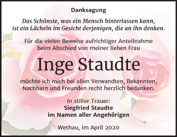 Traueranzeige von Inge Staudte von Mitteldeutsche Zeitung Naumburg/Nebra