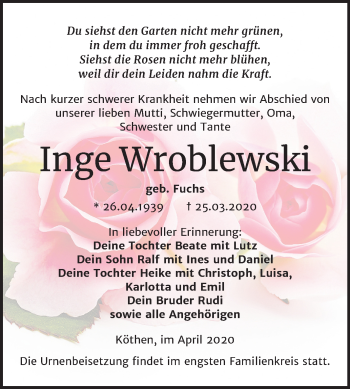 Traueranzeige von Inge Wroblewski von Super Sonntag Köthen