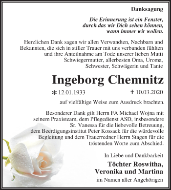 Traueranzeige von Ingeborg Chemnitz von Super Sonntag Wittenberg