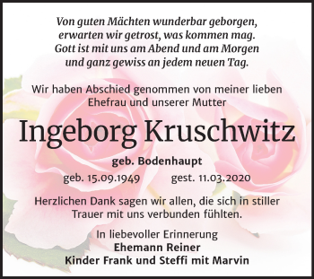 Traueranzeige von Ingeborg Kruschwitz von Super Sonntag Bernburg