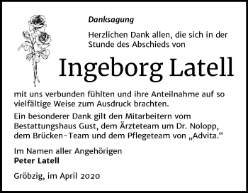 Traueranzeige von Ingeborg Latell von Mitteldeutsche Zeitung Köthen