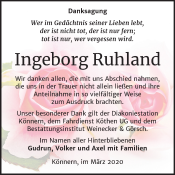 Traueranzeige von Ingeborg Ruhland von Super Sonntag Bernburg