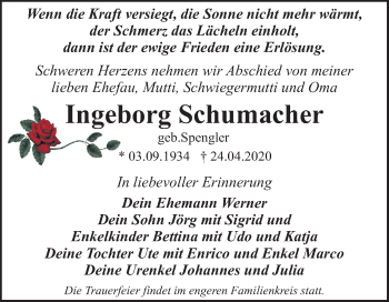 Traueranzeige von Ingeborg Schumacher von Mitteldeutsche Zeitung Mansfelder Land