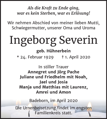 Traueranzeige von Ingeborg Severin von Super Sonntag Quedlinburg
