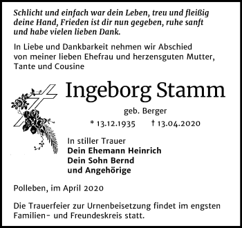 Traueranzeige von Ingeborg Stamm von Super Sonntag Mansfelder Land