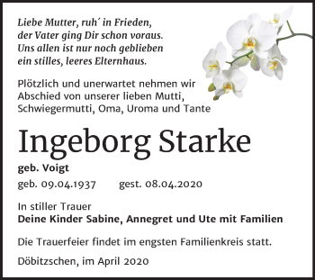 Traueranzeige von Ingeborg Starke von Mitteldeutsche Zeitung Zeitz