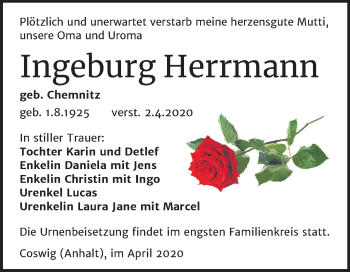 Traueranzeige von Ingeburg Herrmann von Mitteldeutsche Zeitung Wittenberg