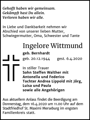 Traueranzeige von Ingelore Wittmund von Mitteldeutsche Zeitung Merseburg/Querfurt
